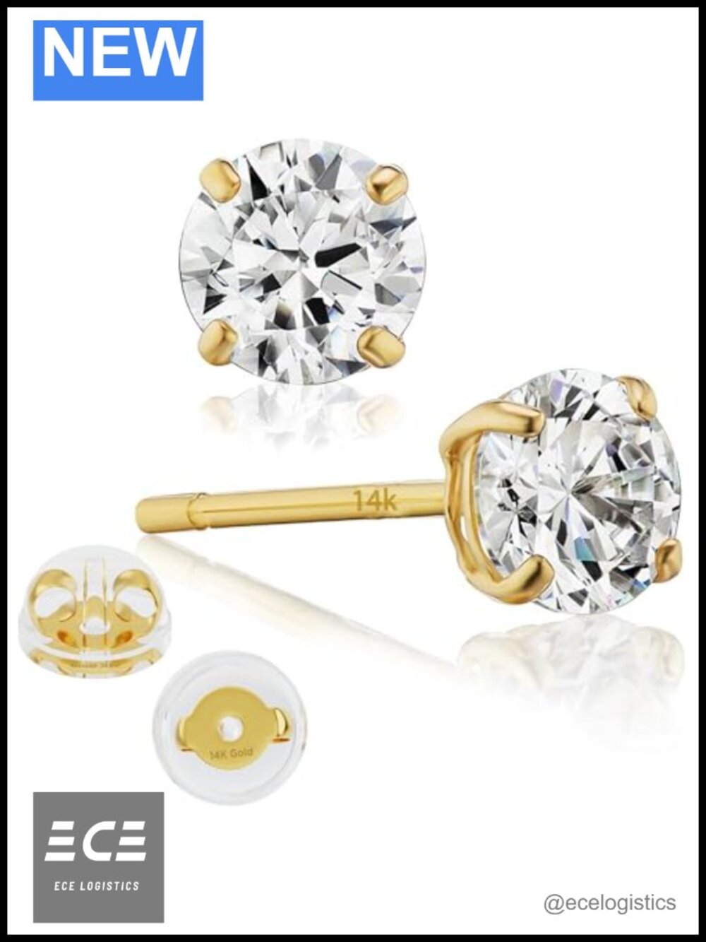 14K Solid Gold Round Cubic Zirconia Stud Earrings with Push-Backs